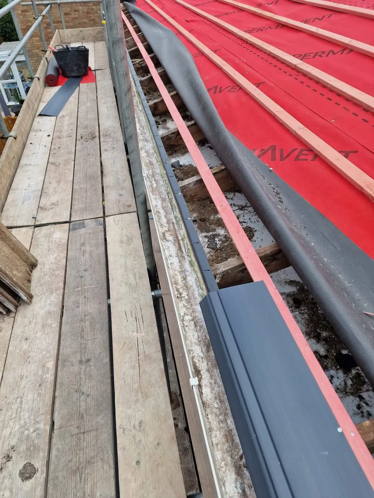 Breathable membrane and battens fitted during a re-roof in Tavistock